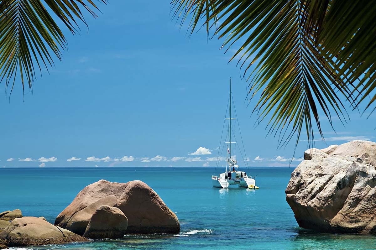 Mer bleue cristalline, plages de sable parsemées de cocotiers et tortues géantes dans le plus bel endroit du monde - les Seychelles.
