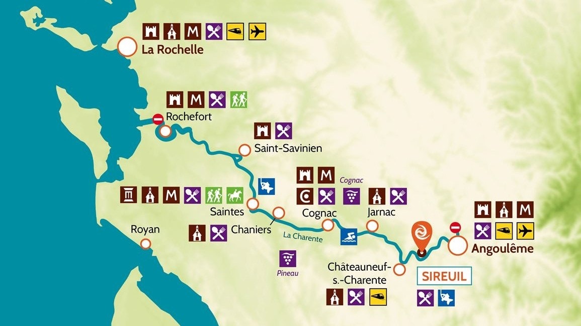 Oblasť plavby Sireuil, Charente, Francúzsko, mapa