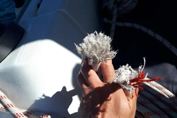 Example of a not-so-old mooring line that broke under strain on the windward side of the boat