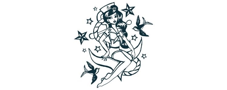 Иллюстрация черно-белого дизайна татуировки моряка.