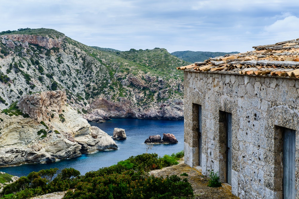 Island landscape with old building on Cabrera