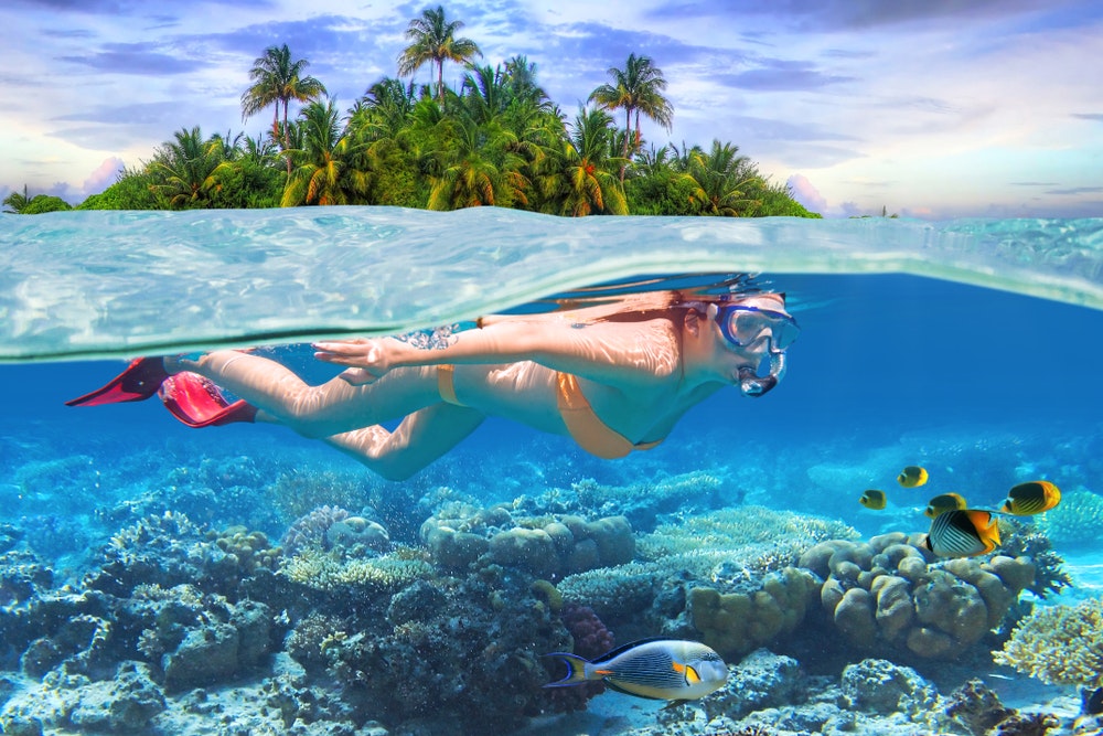 Ung kvinna snorklar i tropiskt vatten
