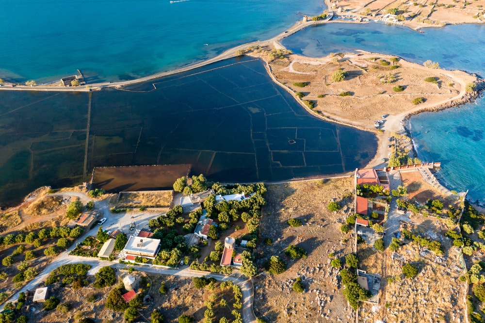 Aerial view of the walls of the sunken ancient Minoan city of Olous in Elounda, Crete, Greece