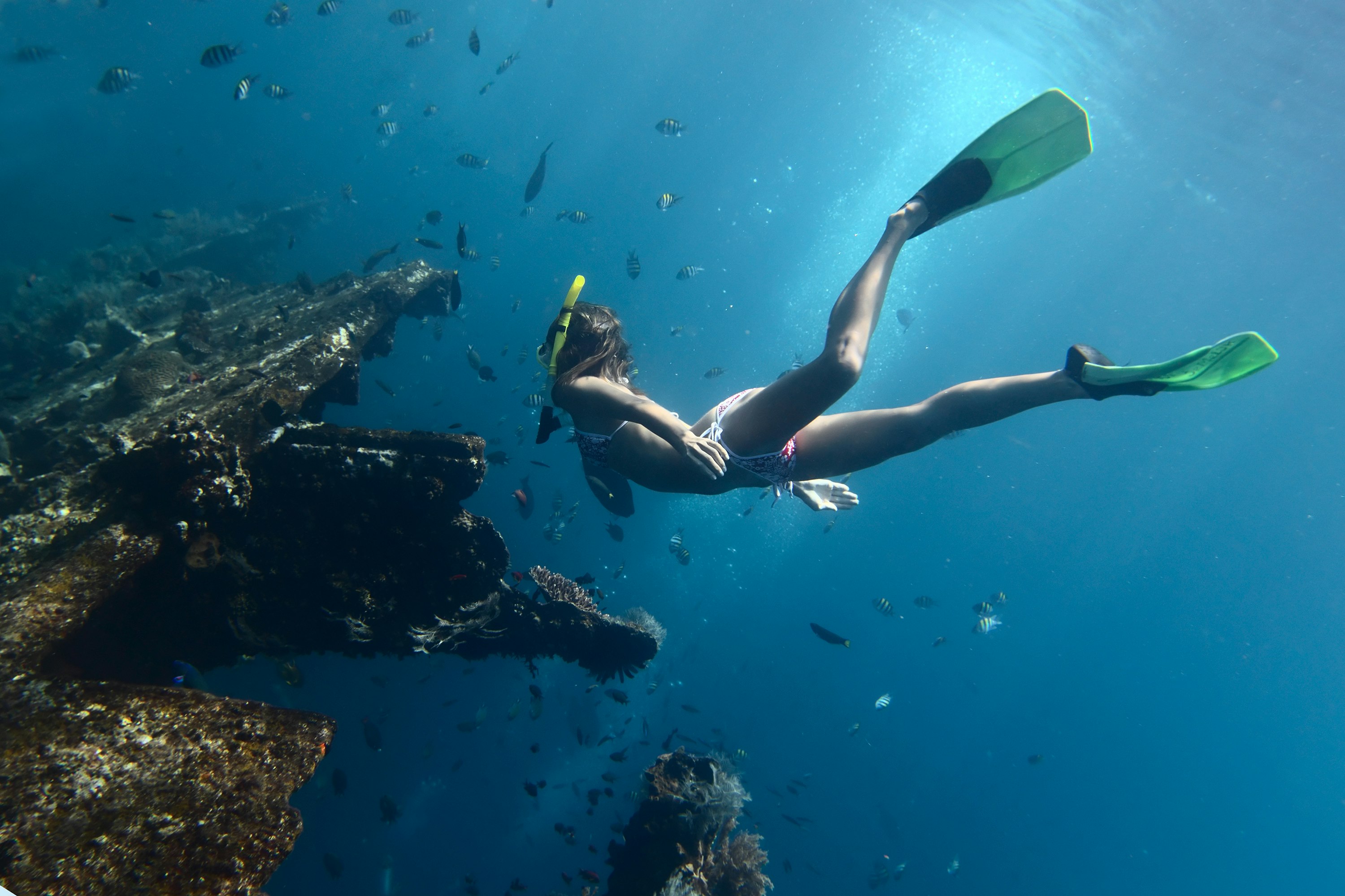 Quando si fa snorkeling vicino a un relitto, è bene usare una protezione per il corpo come una muta o almeno una protezione solare UW. 