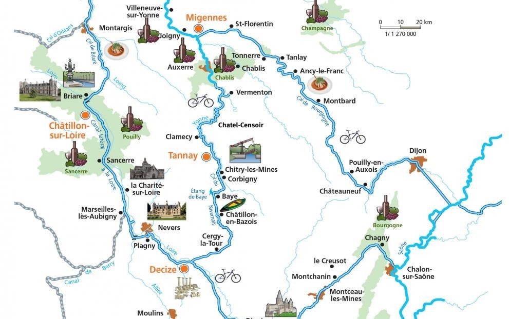 Brienon, Nivernais, Loire, Yonne, France, cruising area, map