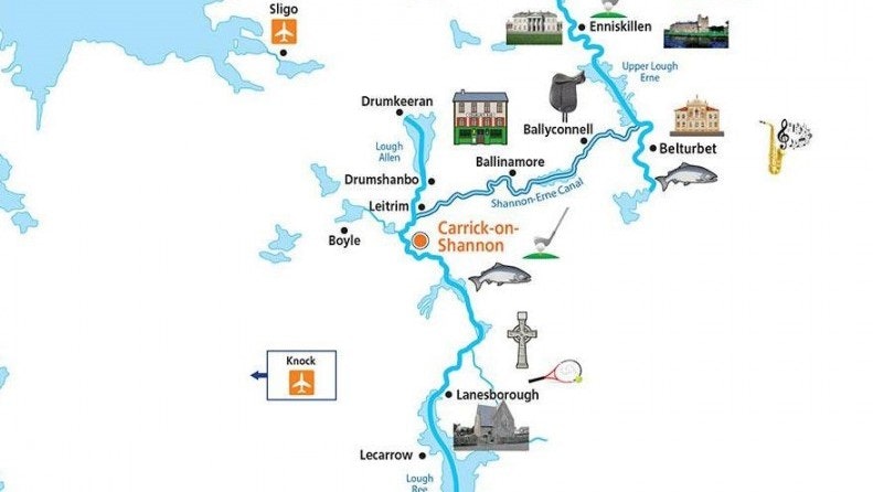 Fiume Shannon, area di navigazione intorno a Carrick-on-Shannon, mappa