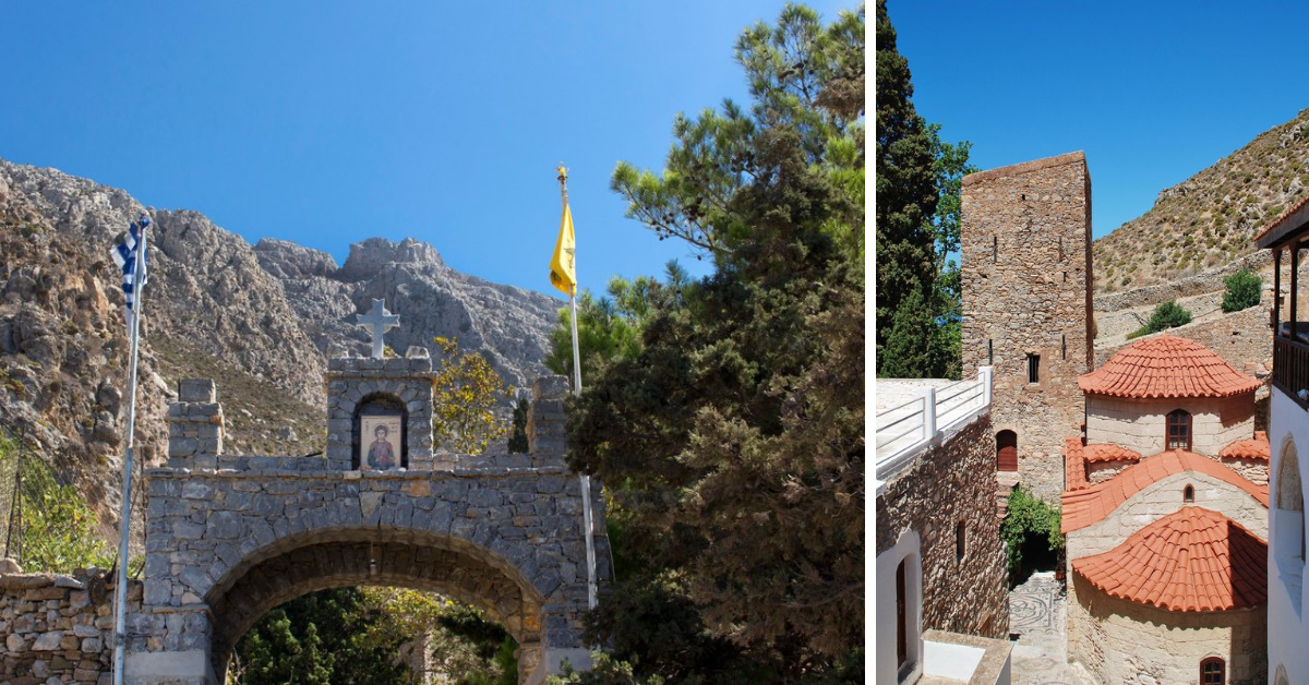 Kloster i bergen på ön Tilos, Grekland, tillägnat Saint Panteleimon.