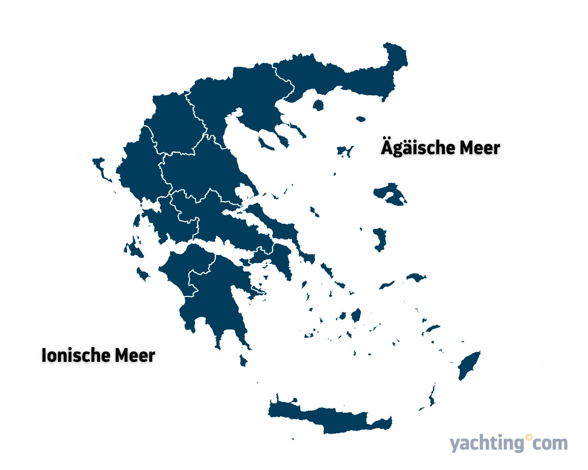 Illustrative Karte von Griechenland mit der Lage des Ionischen und Ägäischen Meeres.