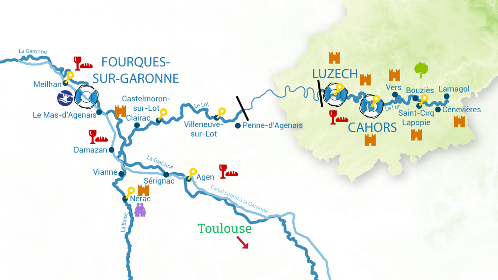 Map of the navigation area of the Lot River in France