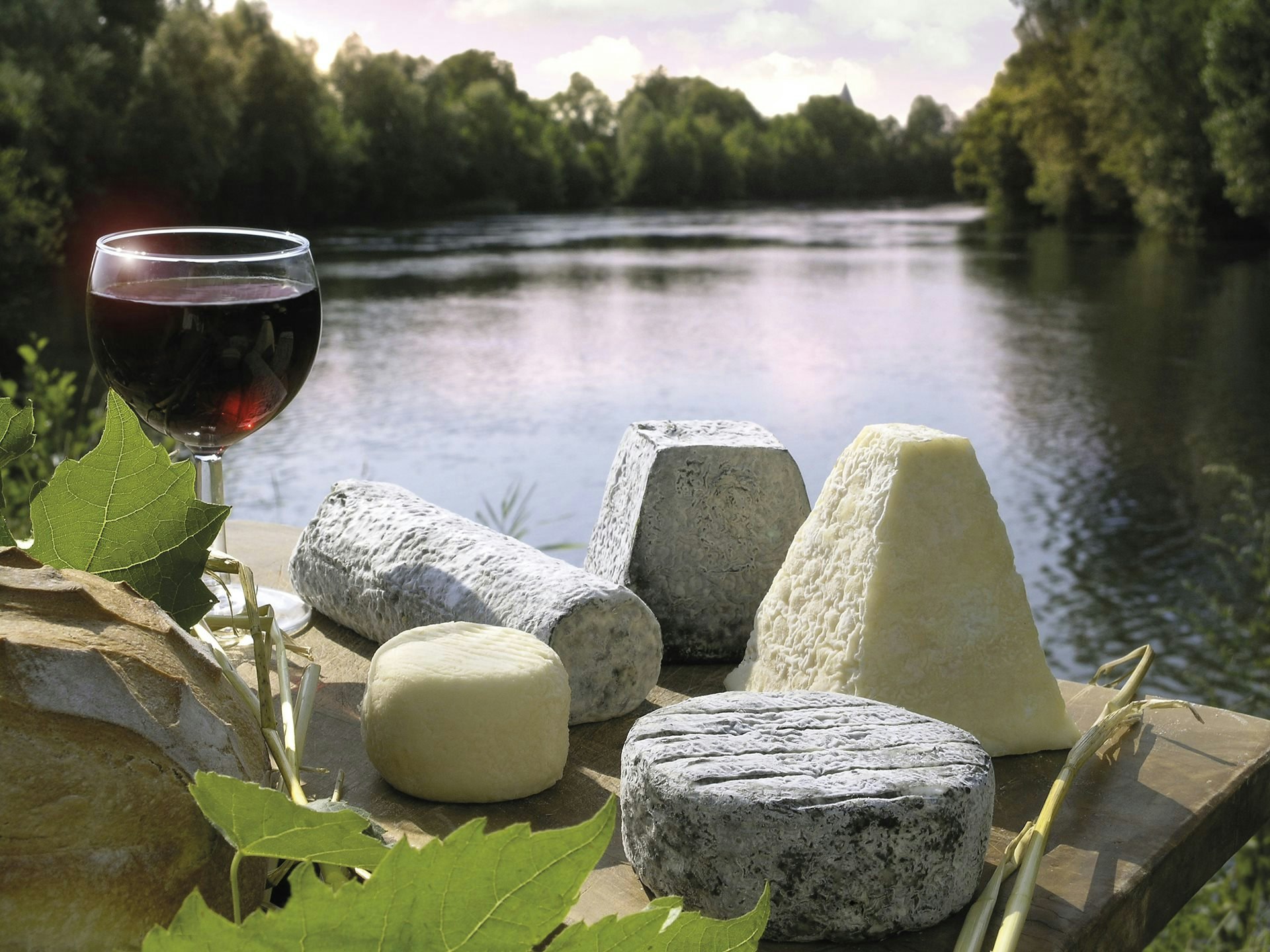 Výber francúzskych syrov a červeného vína s výhľadom na vodný kanál, Burgundsko.