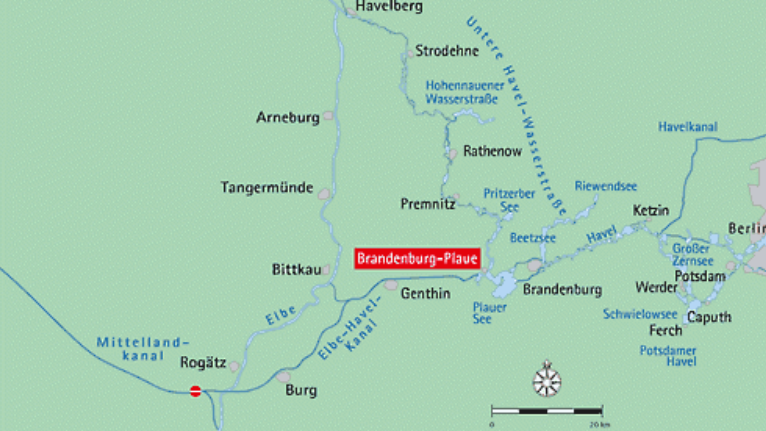 ドイツ・ブランデンブルク州プラウ、航行区域の地図