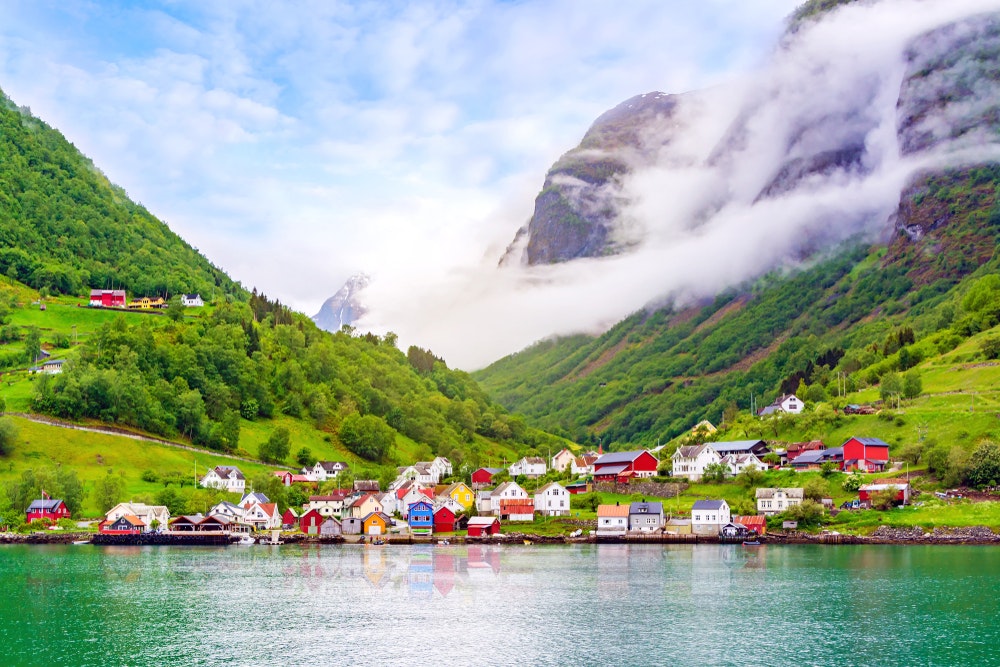 The beautiful idyllic landscape of the Naeroyfjord in Gudvangen, Norway.