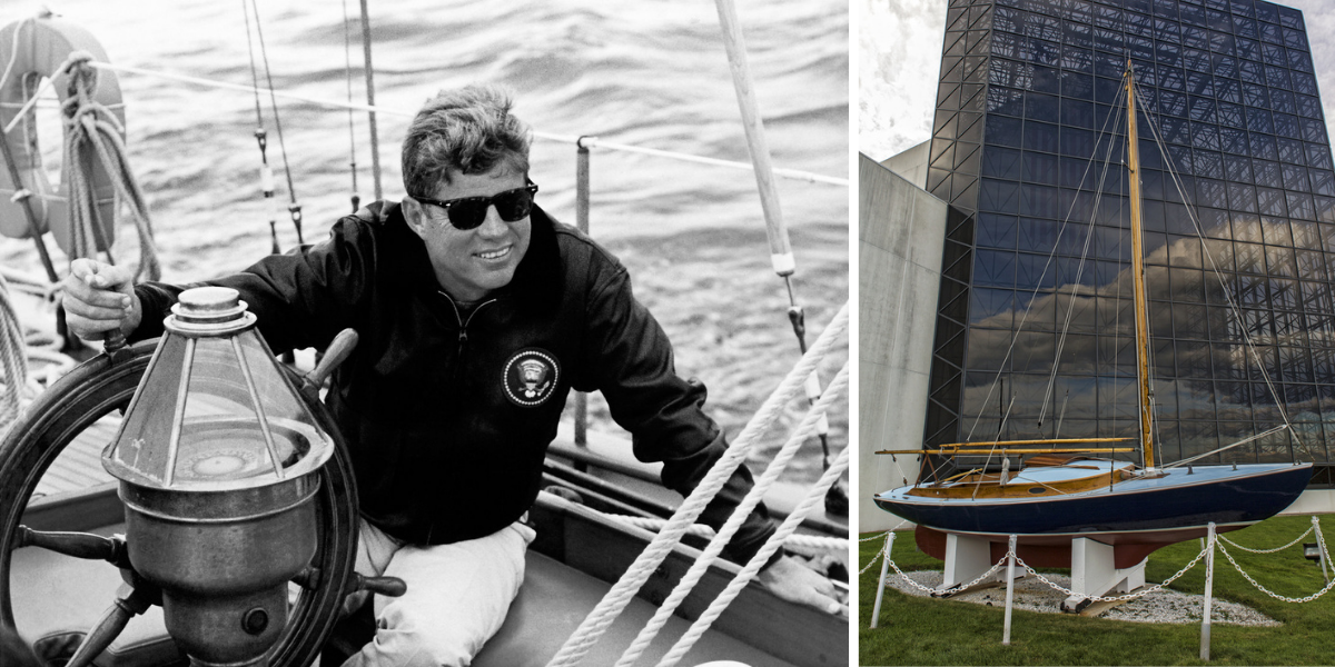 Een foto van John Fitzgerald Kennedy op een boot en het zeilschip Victura tentoongesteld in Boston.