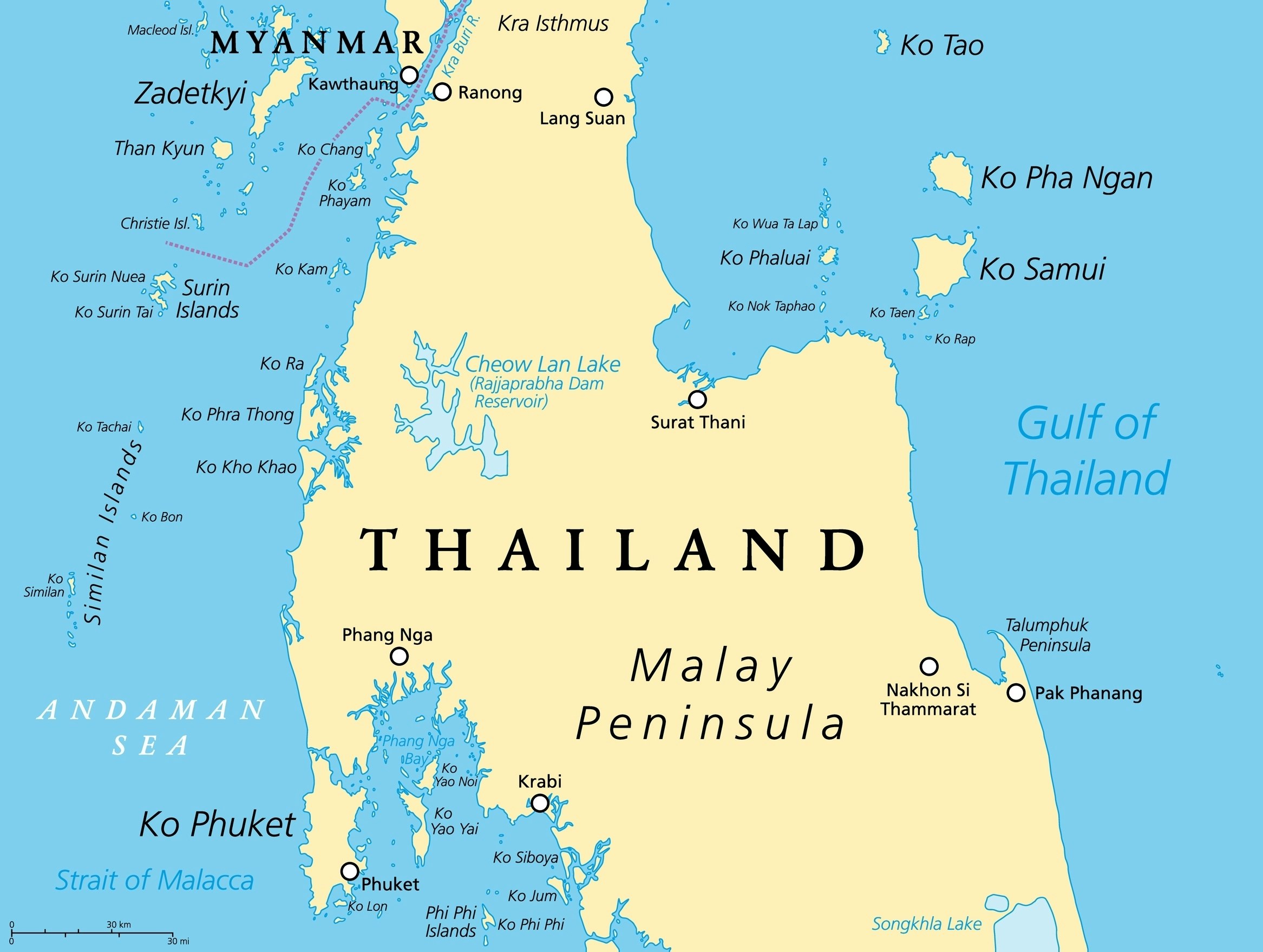 Mapa Thajska s nejdůležitějšími ostrovy a městy.