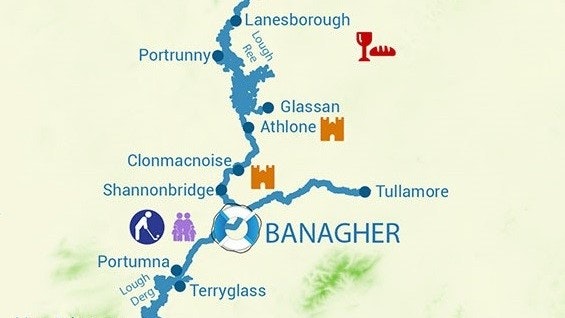 Shannon River, navigeringsområde runt Banagher, karta