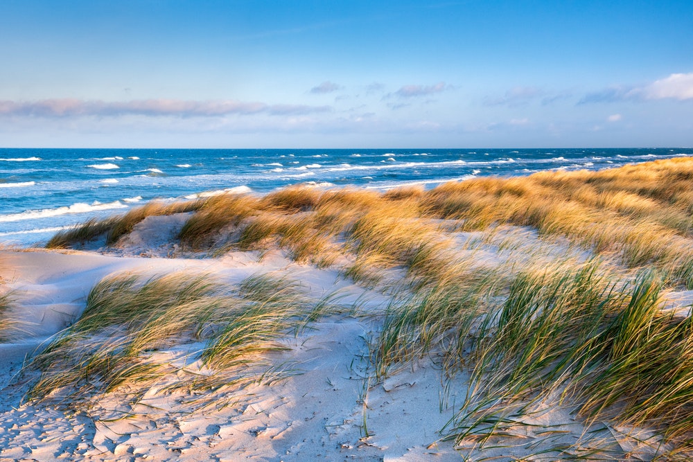 Vedere a Mării Baltice de pe plaja din peninsula Darss, Germania.