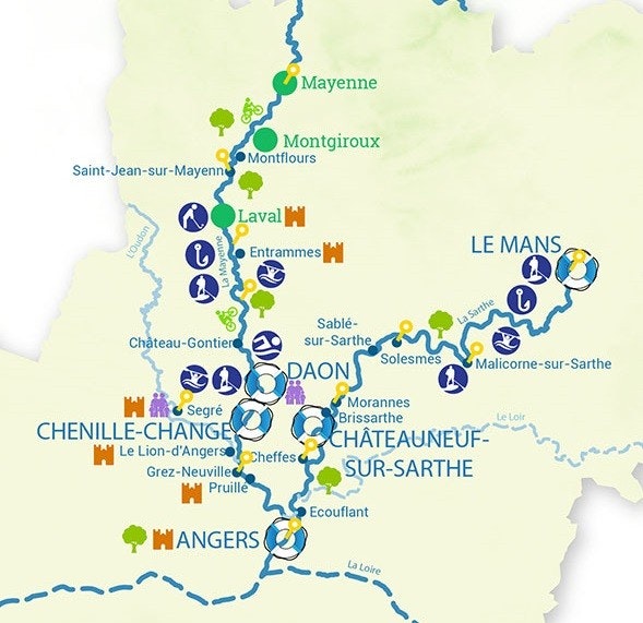 Le Mans, Anjou, Francúzsko, oblasť plavby, mapa