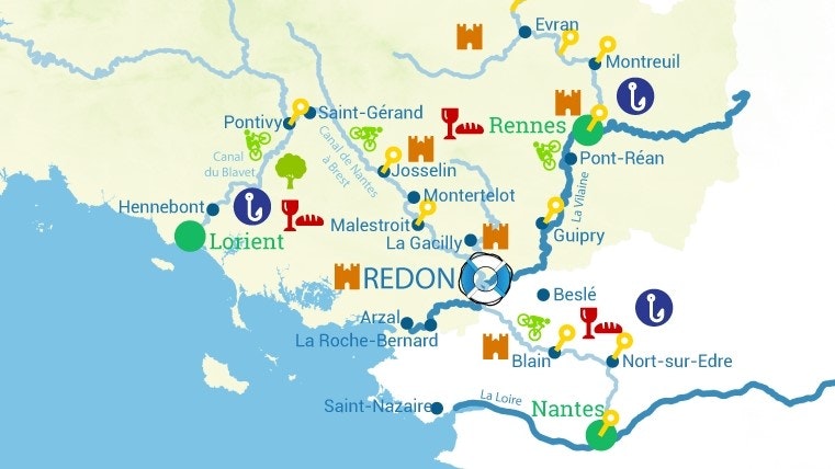 Redon, Bretónsko, Francúzsko, oblasť plavby, mapa
