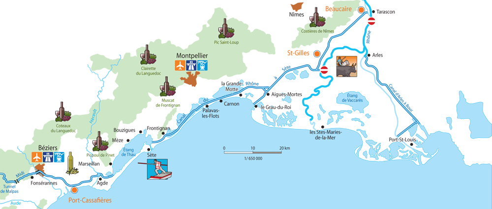 St. Gilles, Camargue, Francúzsko, oblasť plavby, mapa