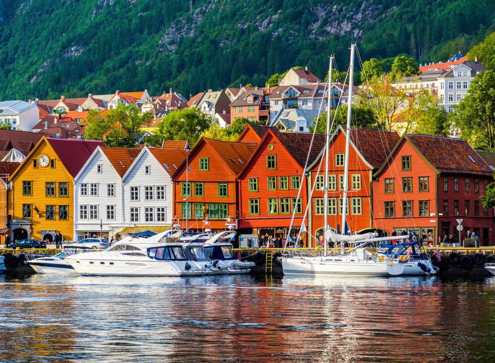 A view of the historic buildings at the Bryggen-Hanseatic wharf in Bergen, Norway.