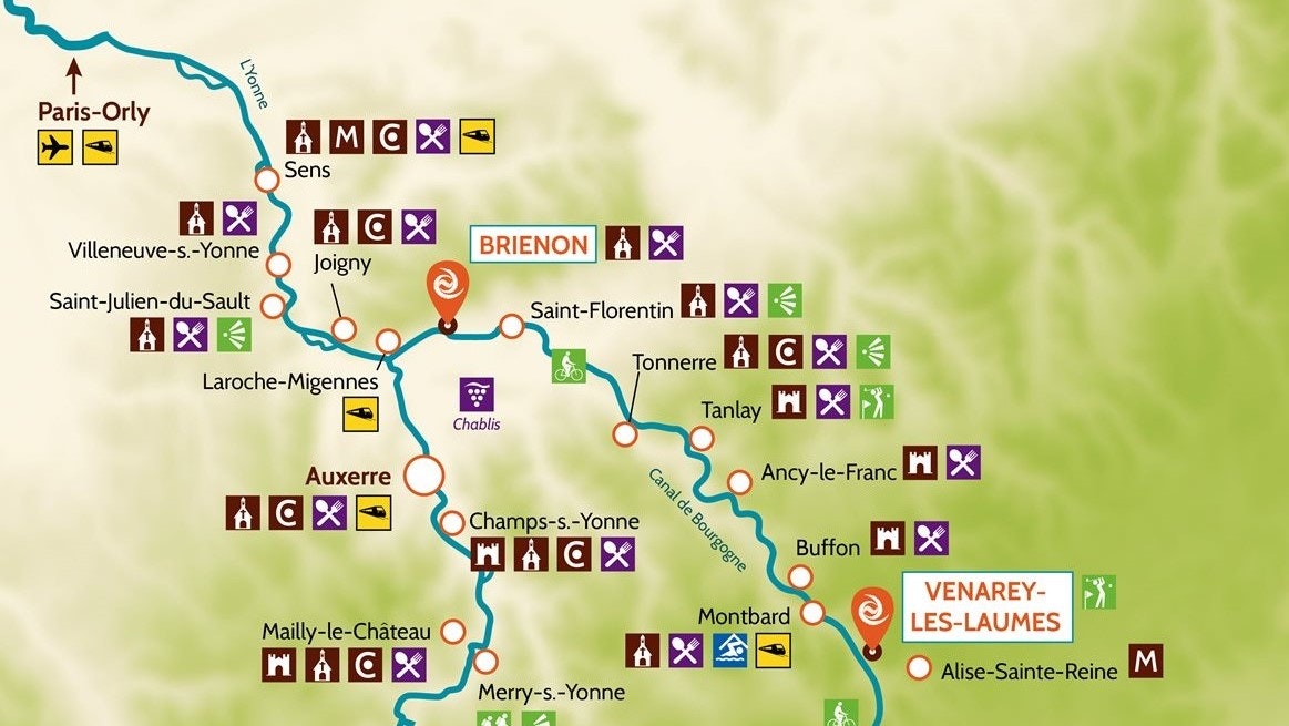 Brienon, Střední Burgundsko, Francie, mapa plavební oblasti
