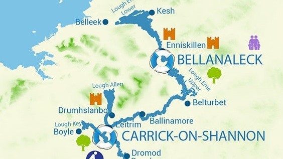 Rio Shannon, zona de navegação em redor de Carrick-on-Shannon, mapa