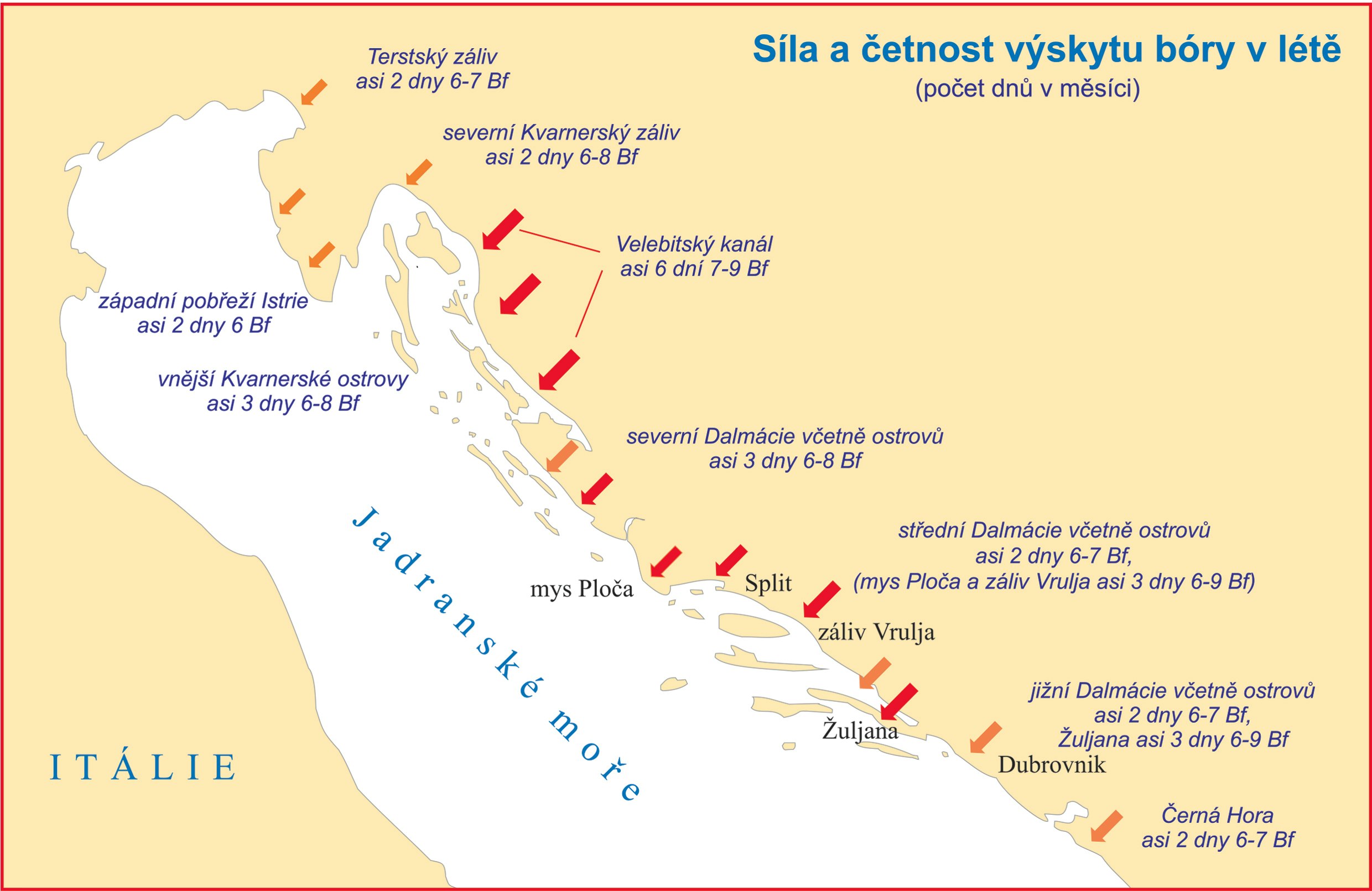 Mapa ukazujúca silu a početnosť výskytu bóry v lete v Jadranskom mori