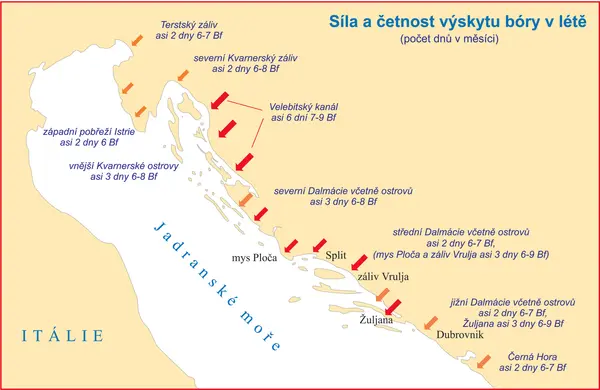 Mapa ukazující sílu a četnost výskytu bóry v létě v Jadranském moři