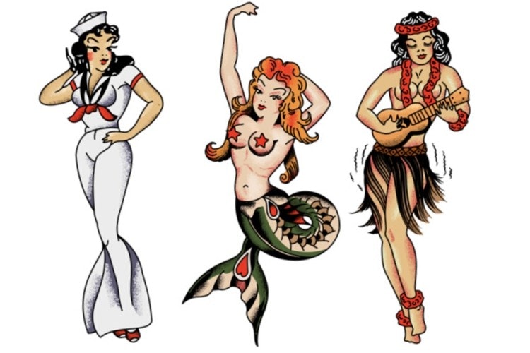 Pin-up girl, sjöjungfru och hula girl till nöjet för ensamma sjömän