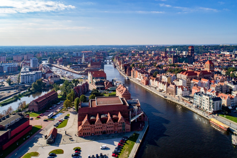 Gdansk, Poland, Motlawa River, bridges, harbour, Baltic Philharmonic and famous monuments
