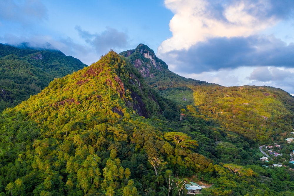 Ilmanäkymä Morne Seychelloisin kansallispuistoon auringonlaskun aikaan rehevän trooppisen kasvillisuuden kanssa