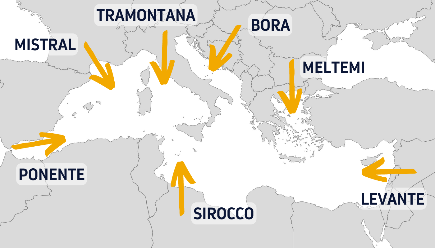 Mappa dei venti che attraversano il Mar Mediterraneo. 