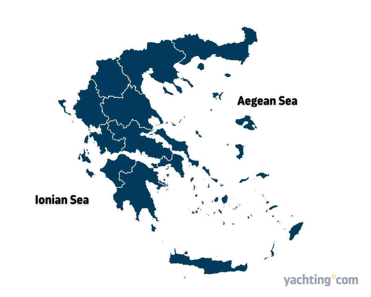 ギリシャの地図とイオニア海、エーゲ海の位置関係を図解しています。