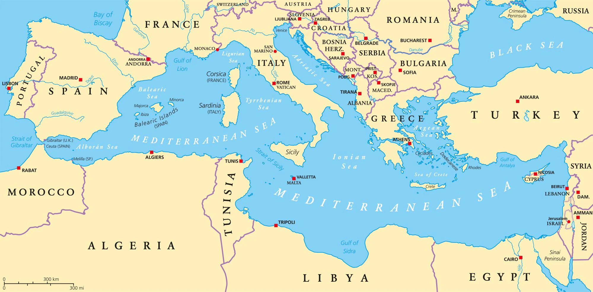 Карта Средиземного моря и прилегающих территорий