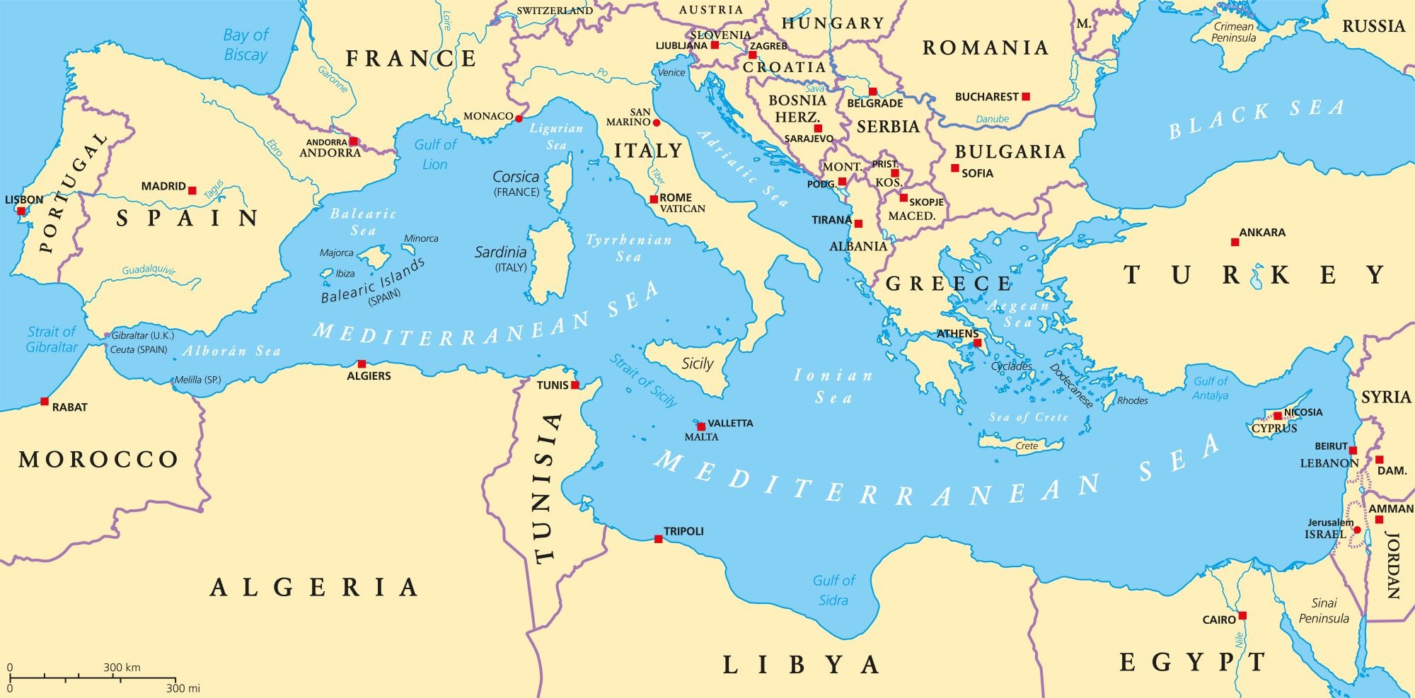Mapa Stredozemného mora a okolité pevniny