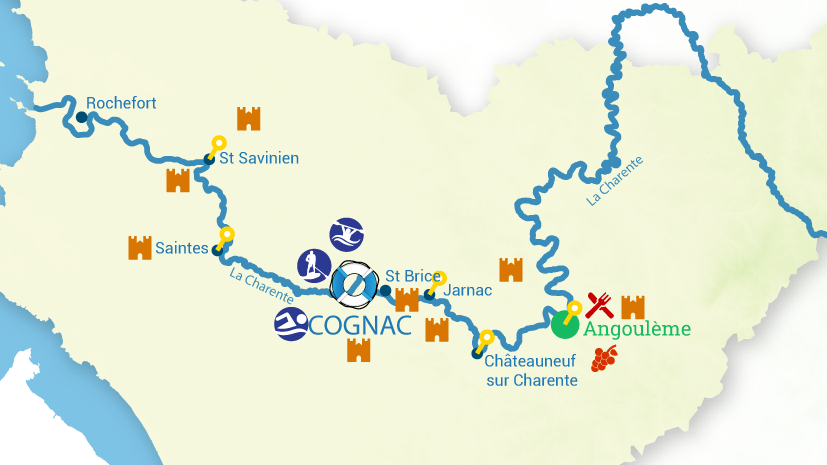 Cognac, Charente, Francúzsko, plavebná trasa, mapa