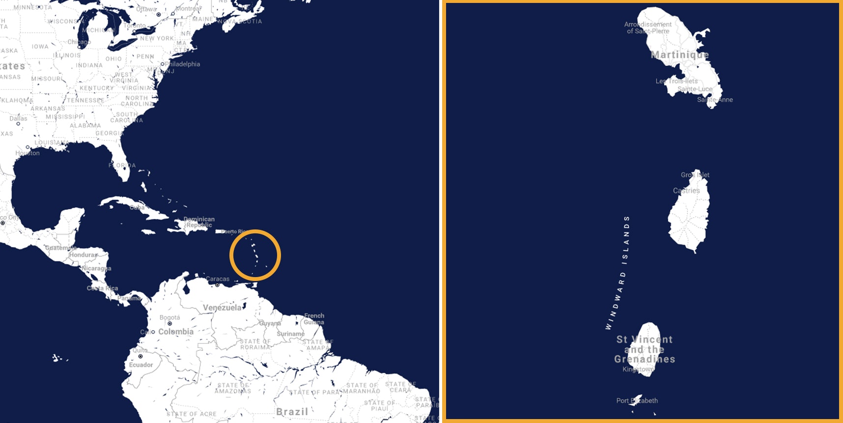 Karte der Karibik und der Inseln Martinik, Sv. Vincenc und die Grenadinen